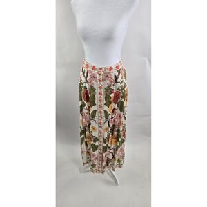 Rose + Olive Resort Floral Bird Print Button Front Maxi Skirt Cream Pink Small